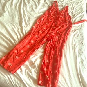 LOFT red floral jumpsuit size 0 petite